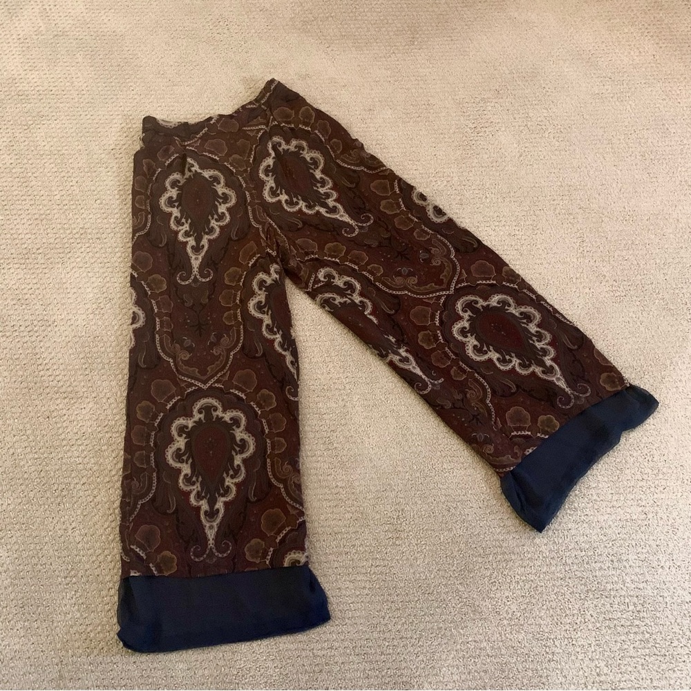 ANN TAYLOR Wide Leg Loose Pants - Paisley Maroon Brown Navy Trousers - Elastic